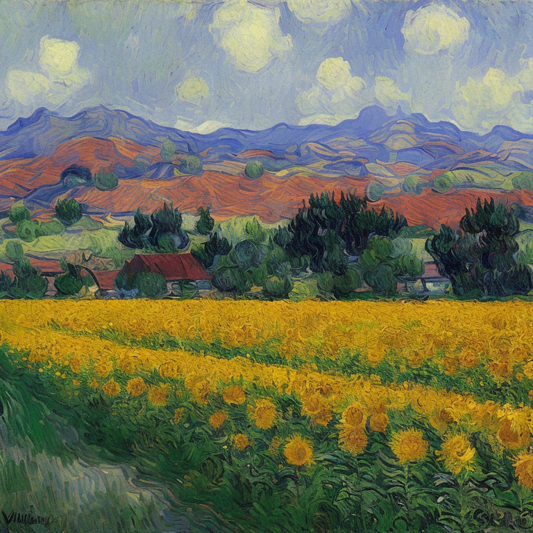 Sunflower Field Painting with Path, Houses, Hills, and Cloudy Sky