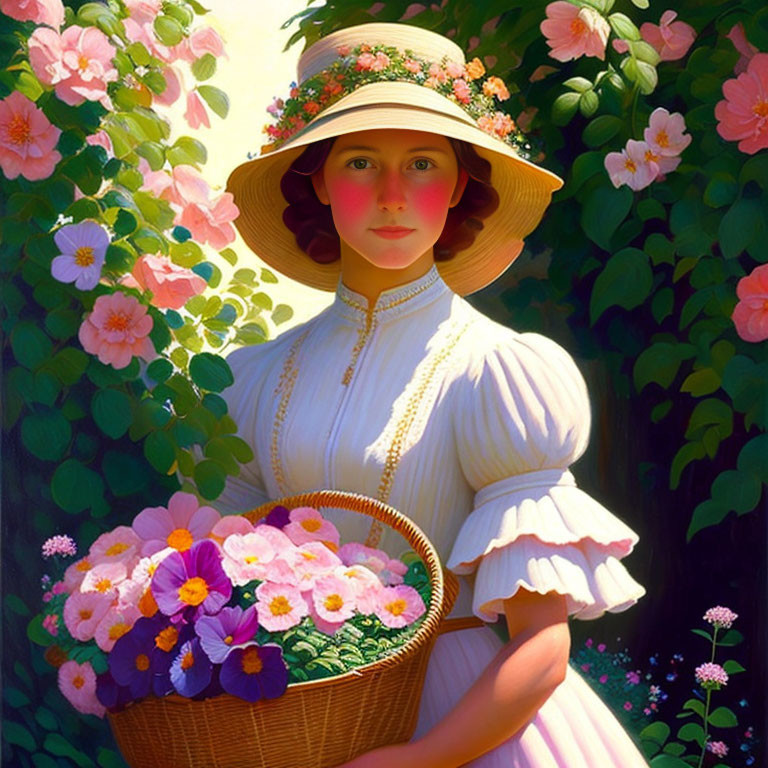 Woman in wide-brimmed hat with flowers in front of blooming roses