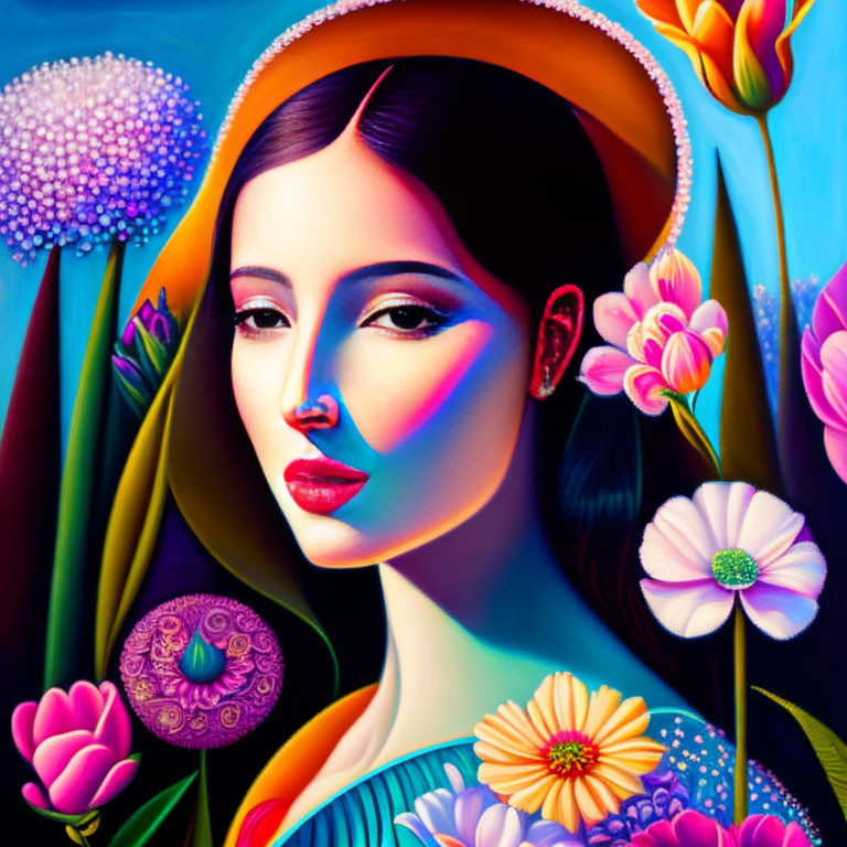 Colorful portrait of a woman in traditional attire with vibrant lighting and floral backdrop