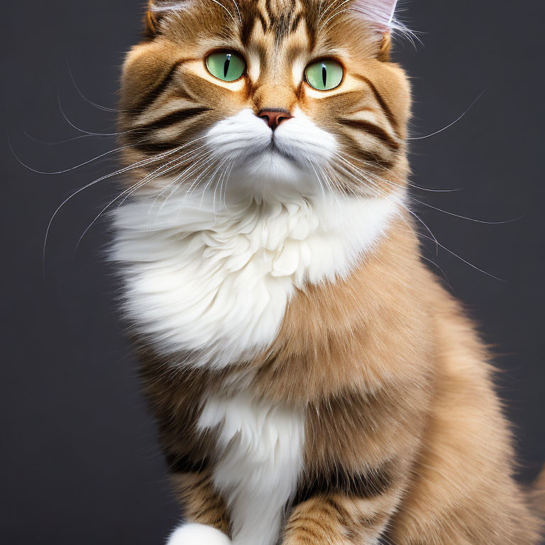 Majestic orange and white cat with green eyes on grey background