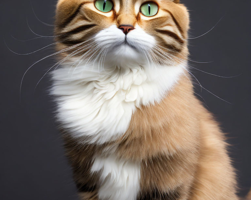 Majestic orange and white cat with green eyes on grey background