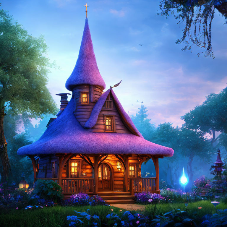 Charming Cottage with Purple Conical Roof and Twilight Gardens