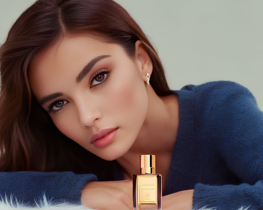 Dark-haired woman in blue sweater lying with perfume bottle in foreground