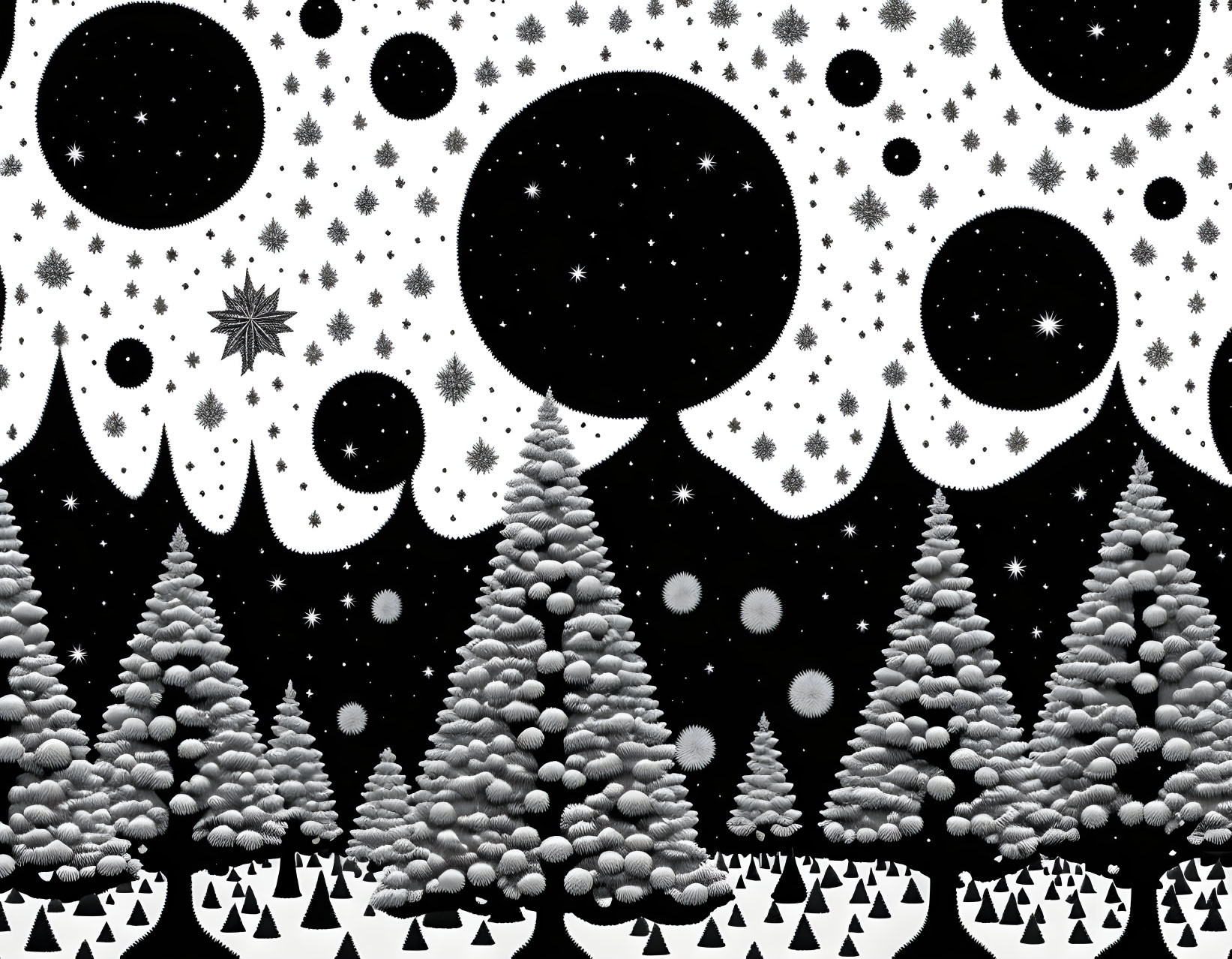 Monochrome whimsical night sky with stars and planets over pine forest