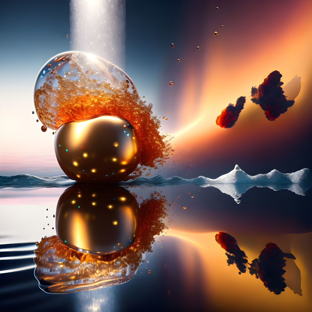 Surreal artwork: Fiery and watery orbs collide in split backdrop.