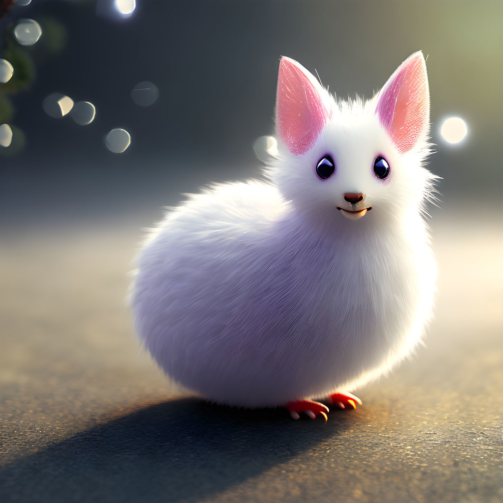 Fluffy White Creature with Pink Ears and Bright Eyes Against Softly Lit Background