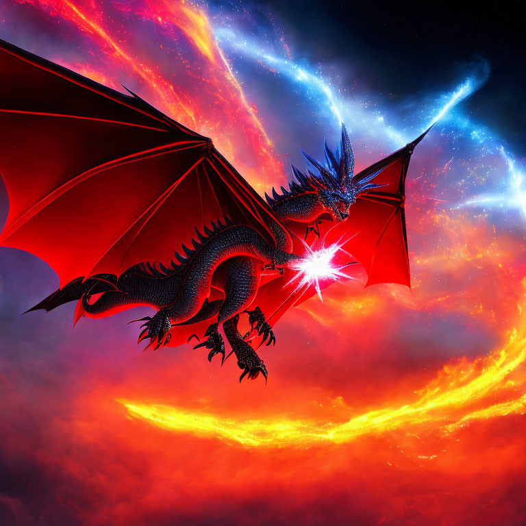 Black dragon with red wings in vibrant red and blue sky with magical lance