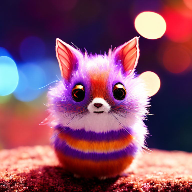 Vibrant purple creature with expressive eyes on bokeh background