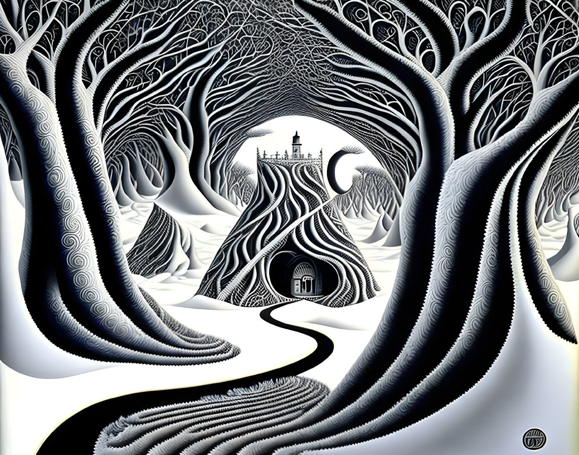 Monochrome surreal landscape with intricate trees, swirling patterns, winding path, small door, and distant castle