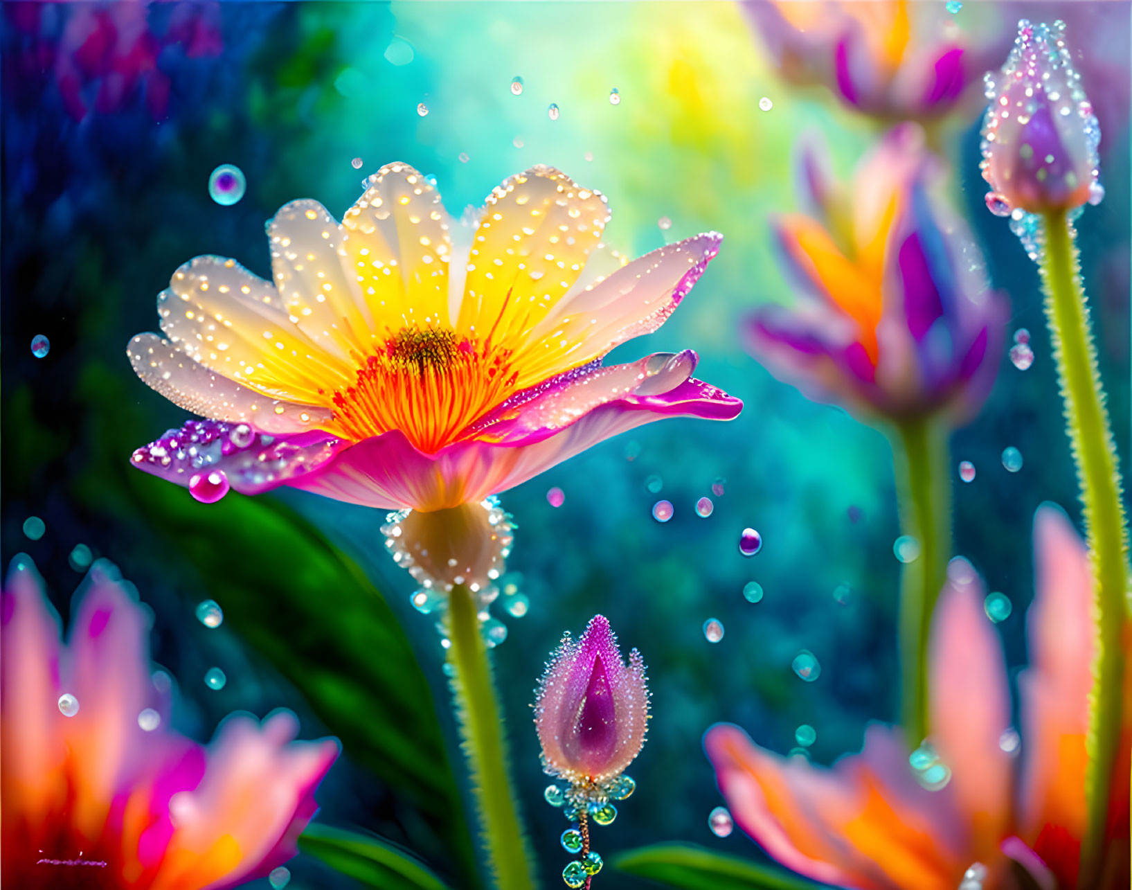 Colorful Backlit Flower with Dewdrops and Budding Flowers