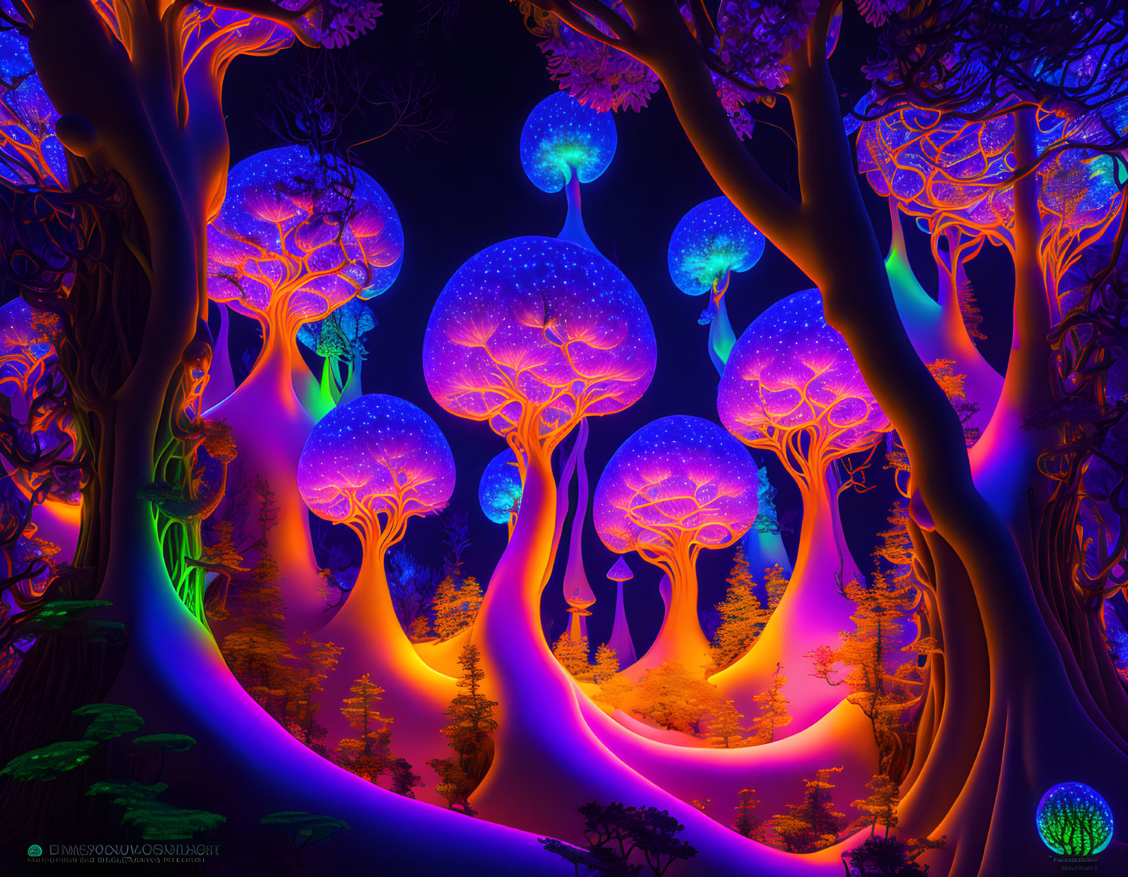 Colorful digital artwork: Fantastical forest with neon-glowing mushroom trees