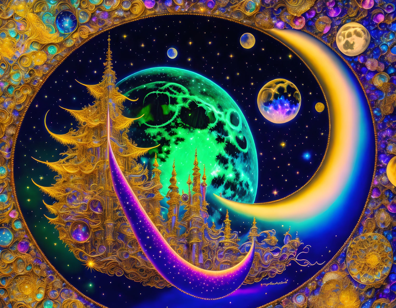 Colorful Fractal Art: Celestial Bodies, Trees, and Patterns in Cosmic Scene