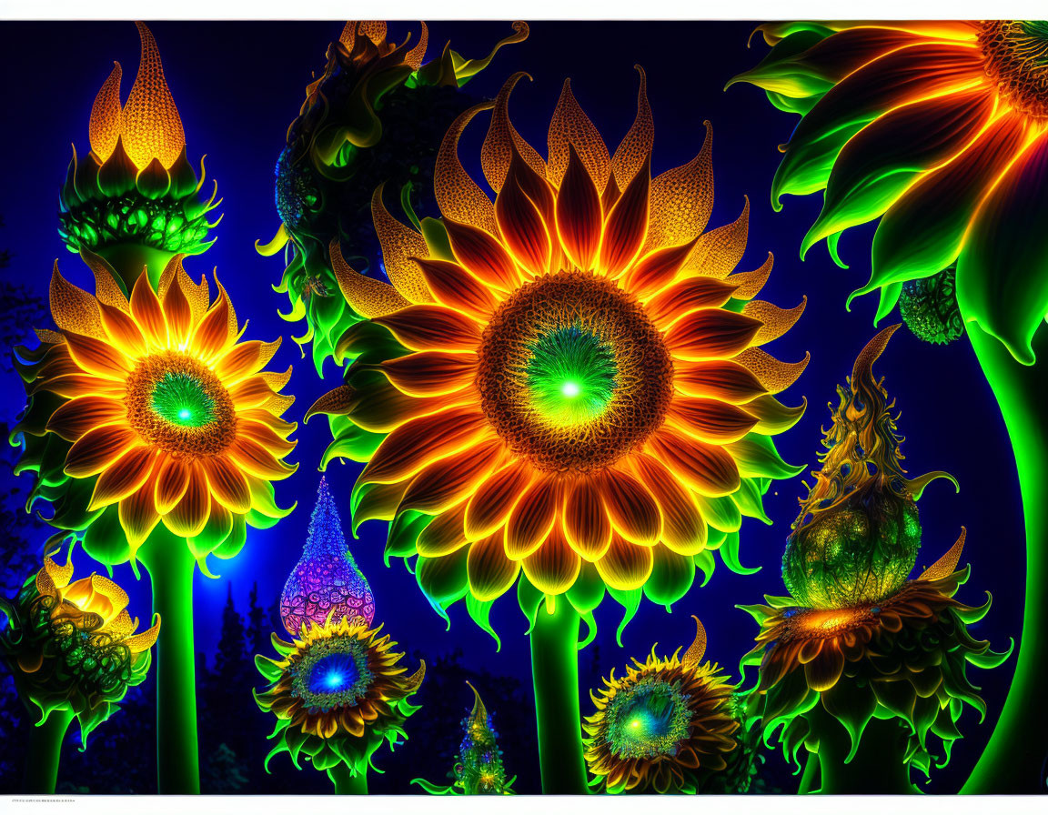 Vibrant sunflower sculptures with neon lights on dark background