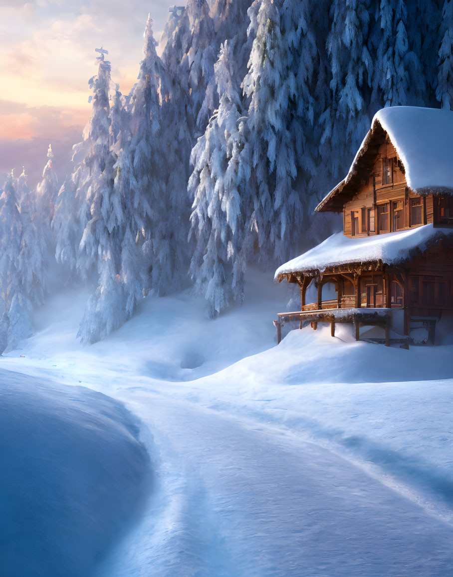 Snow-covered pine trees surround cozy wooden cabin at sunrise or sunset