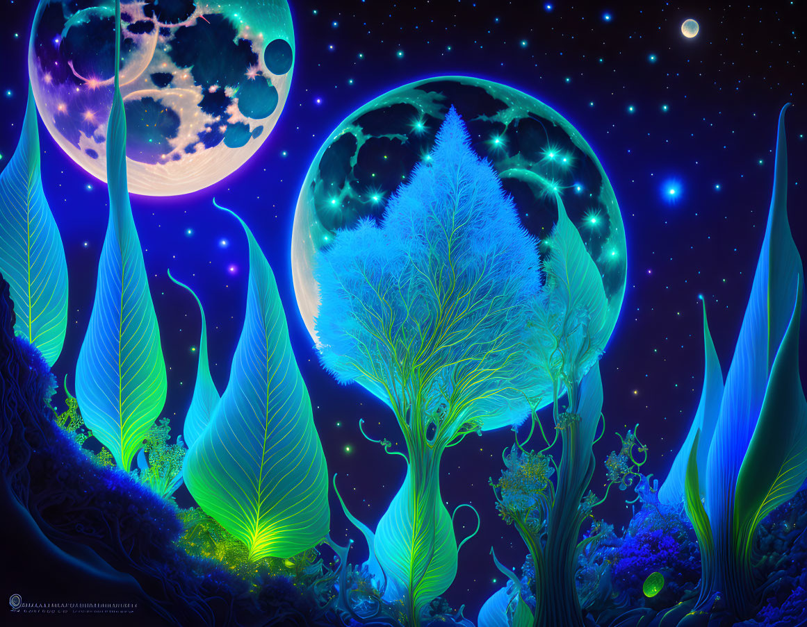 Neon-lit forest under night sky with two moons