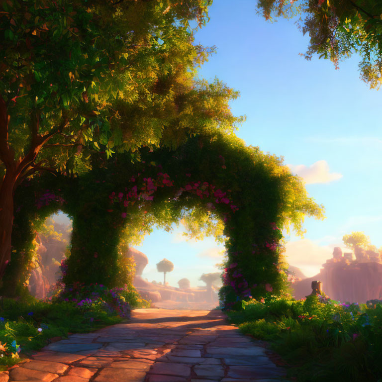 Sunlit Garden Archway with Cobblestone Path and Lush Surroundings