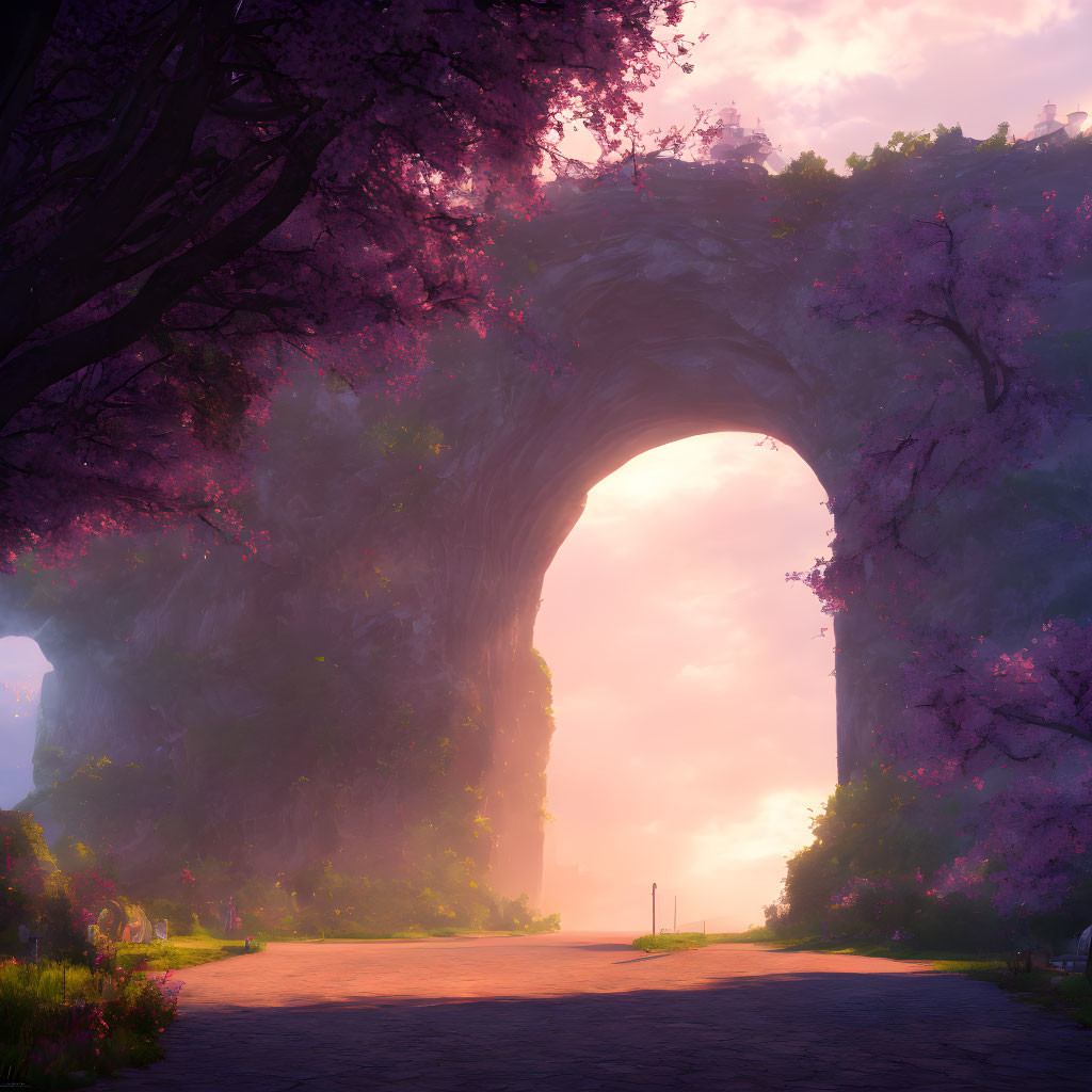 Beautiful natural archway of blooming purple trees under pink sky