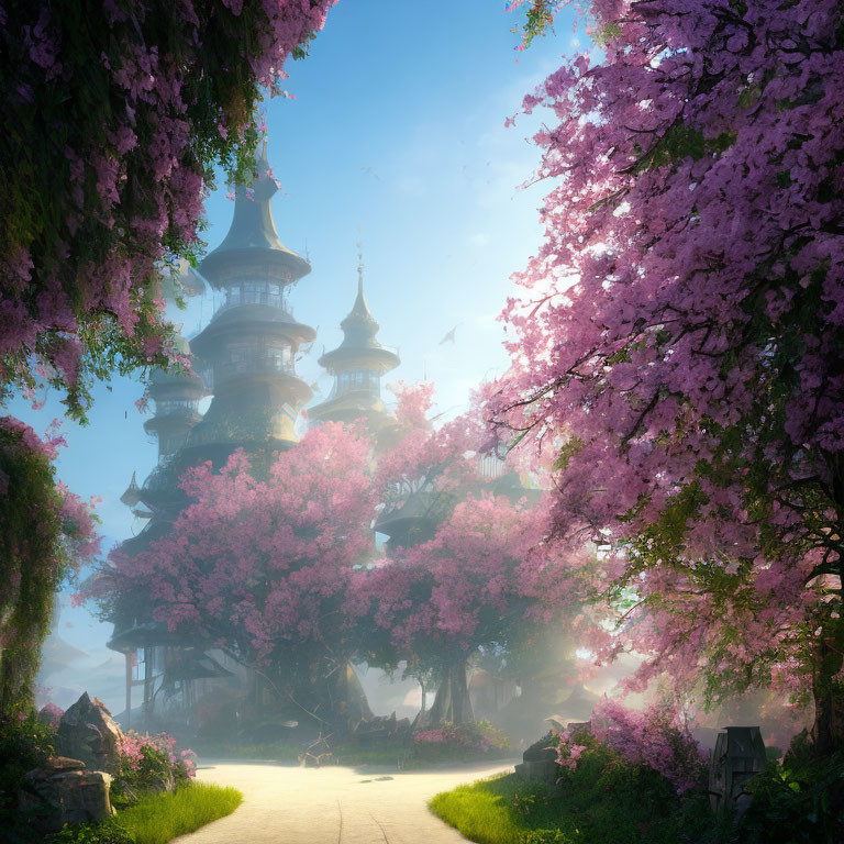 Tranquil fantasy landscape with pagoda, cherry trees, sunlight, and birds