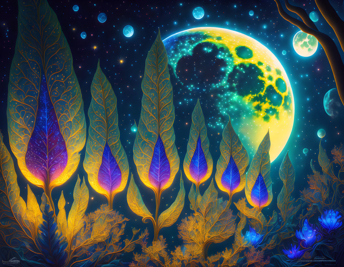 Enchanted forest at night with oversized leaves and starry sky