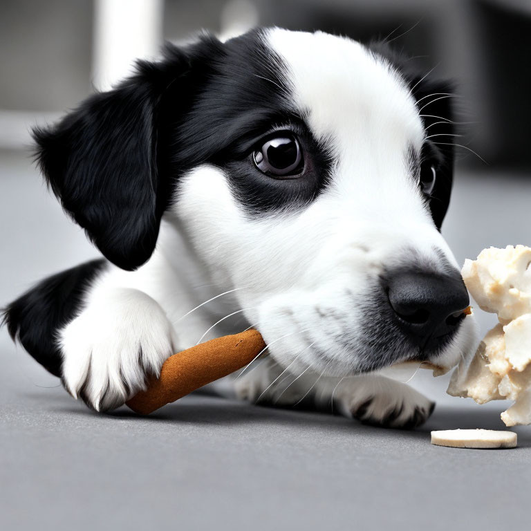 Black and white puppy nibbling on a biscuit while lying down