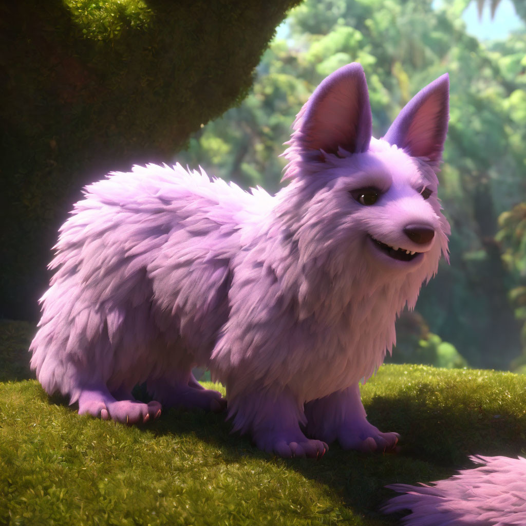 Purple animated fox-like creature in sunny forest