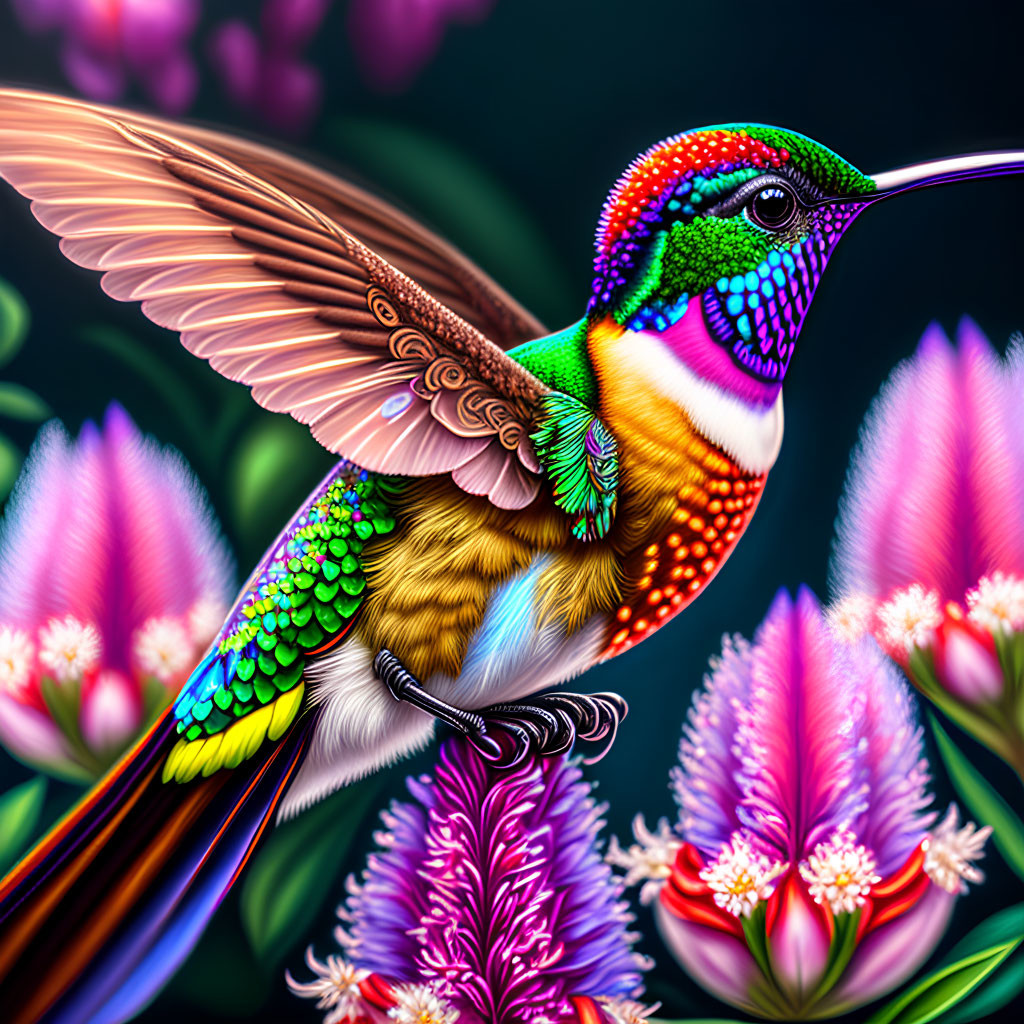 Colorful Hummingbird Perched on Vine Among Exotic Flowers