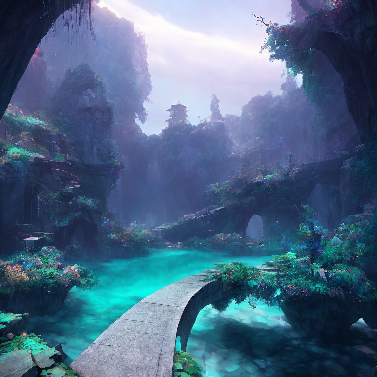 Mystical landscape with turquoise waters, stone bridge, waterfalls, and pagoda-style structures