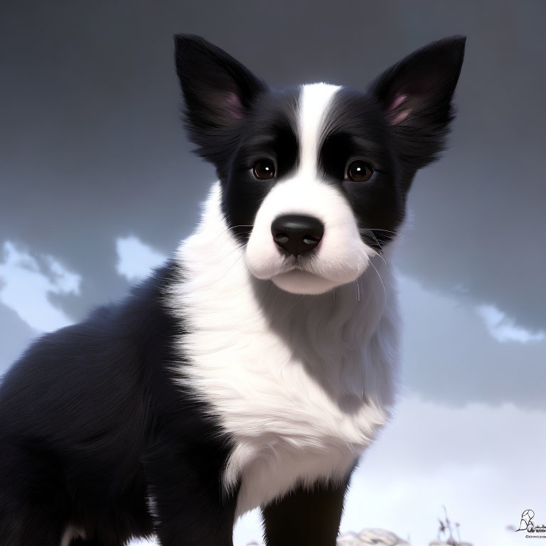 Monochrome Border Collie Artwork Against Cloudy Sky