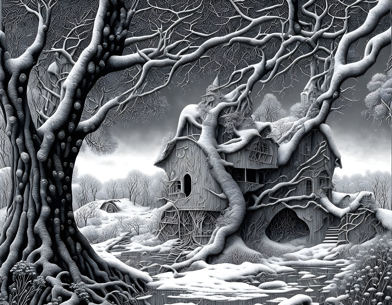 Detailed Monochromatic Winter Scene with Trees, Treehouse, and Frozen Pond