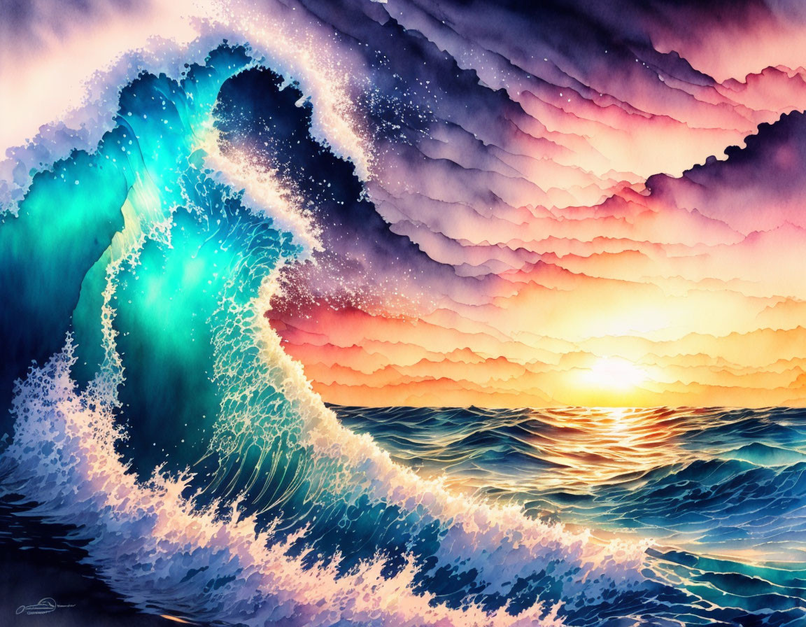 Colorful Wave Illustration with Starry Sky and Sunset Horizon