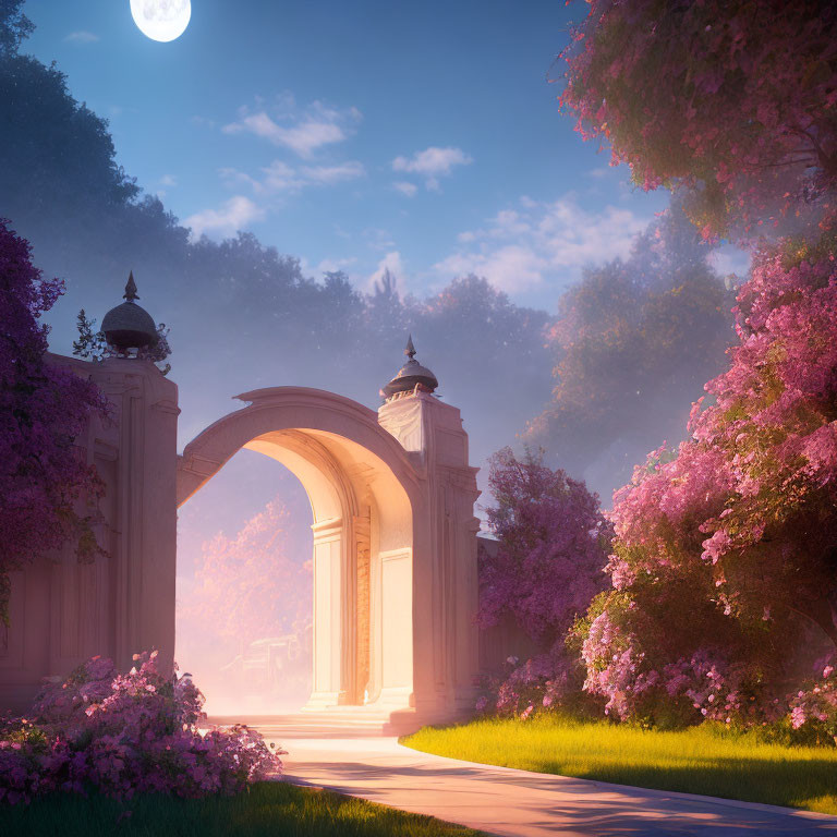 Ethereal garden with pink blossoming trees, stone archway, and mystical full moon