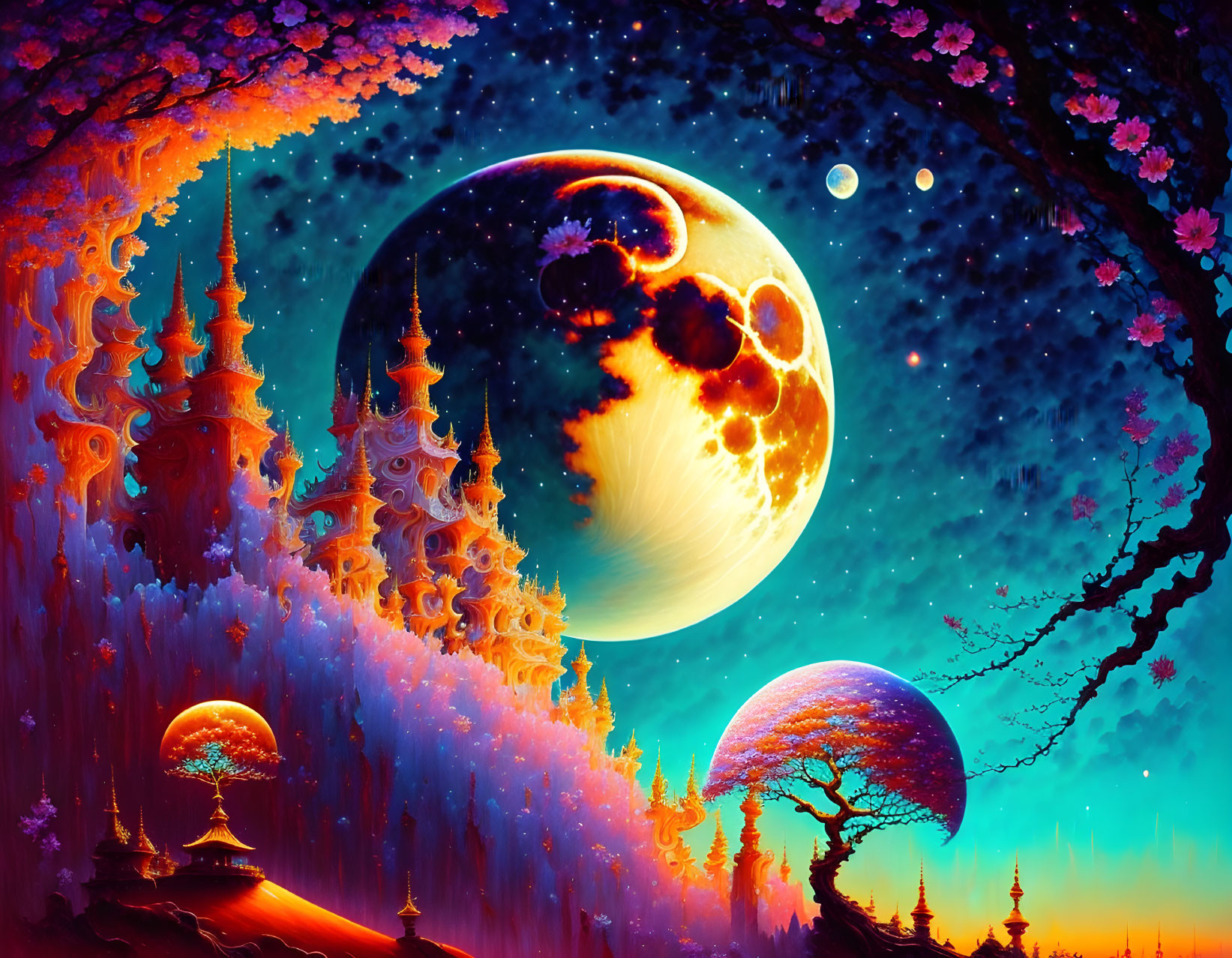 Colorful Trees, Majestic Castles, Celestial Bodies: Vibrant Fantasy Landscape