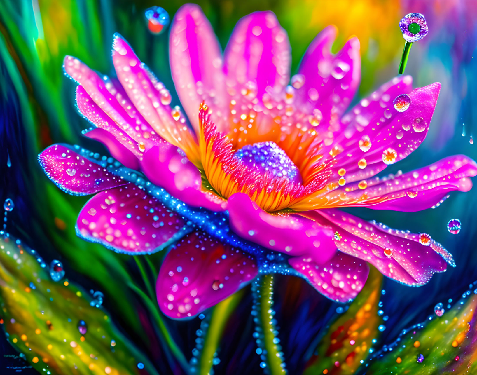 Colorful digital artwork: Pink flower with water droplets on petals