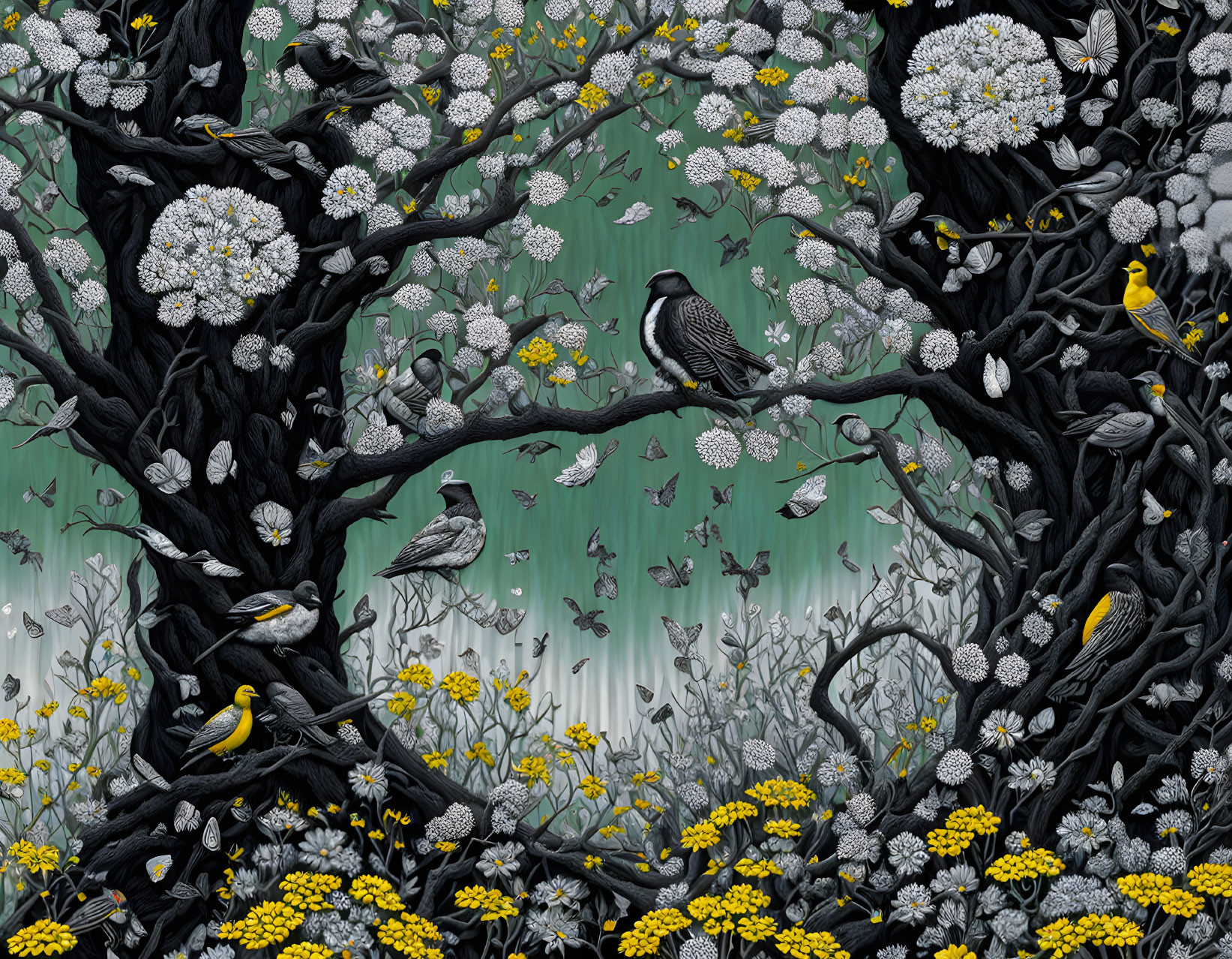 Monochrome forest illustration with birds, flowers, and butterflies