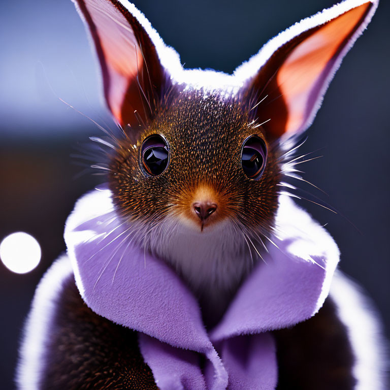 Brown Rabbit Digital Art with Shiny Eyes and Purple Collar on Blurry Bokeh Background