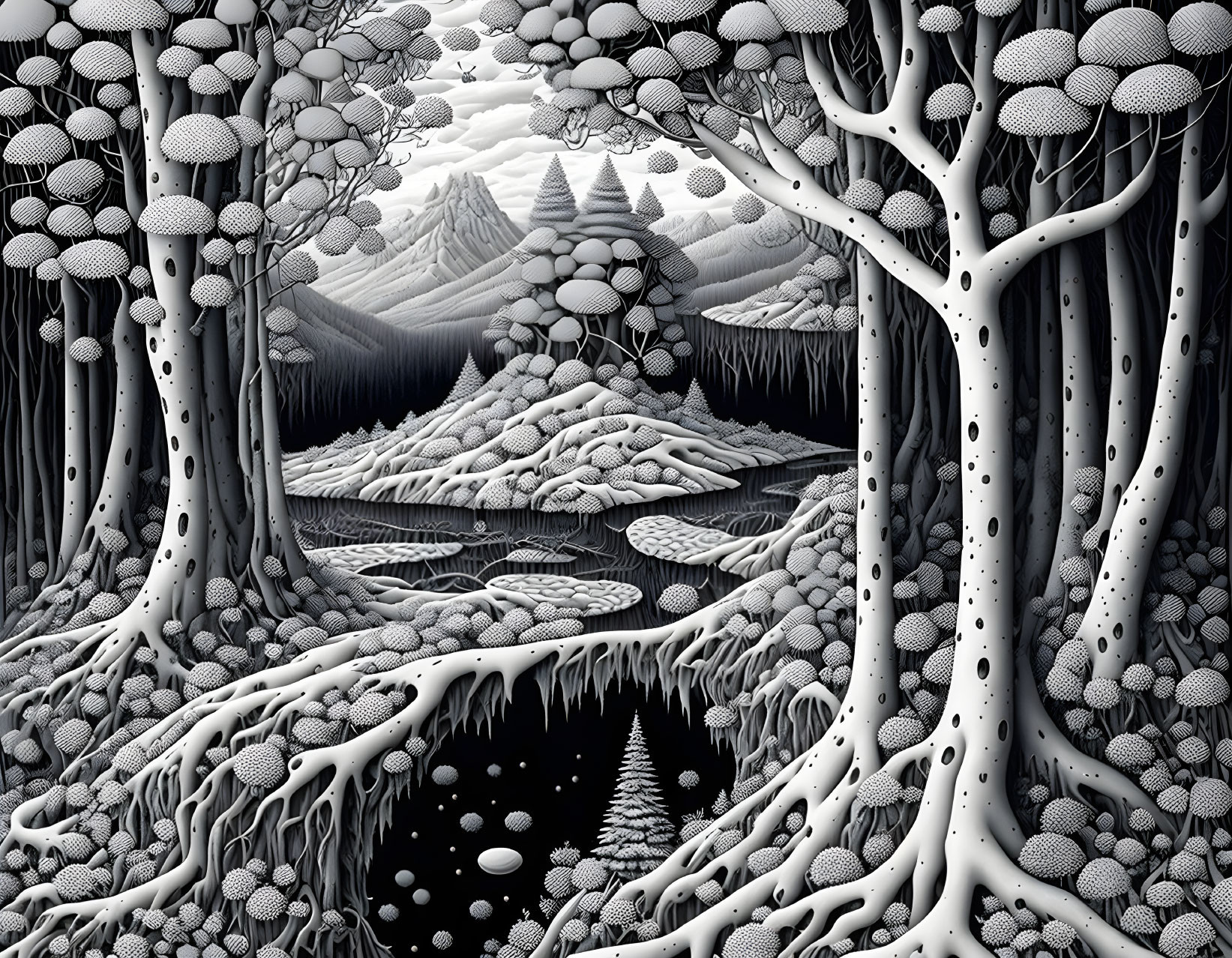 Monochrome surreal forest landscape with stylized trees