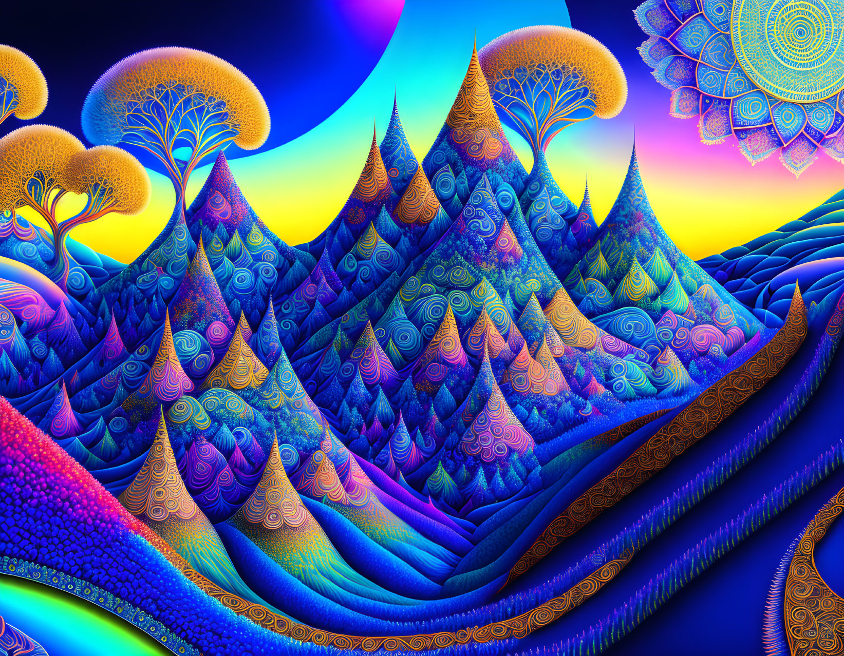 Colorful psychedelic landscape with fractal mountains and intricate trees against gradient sky.