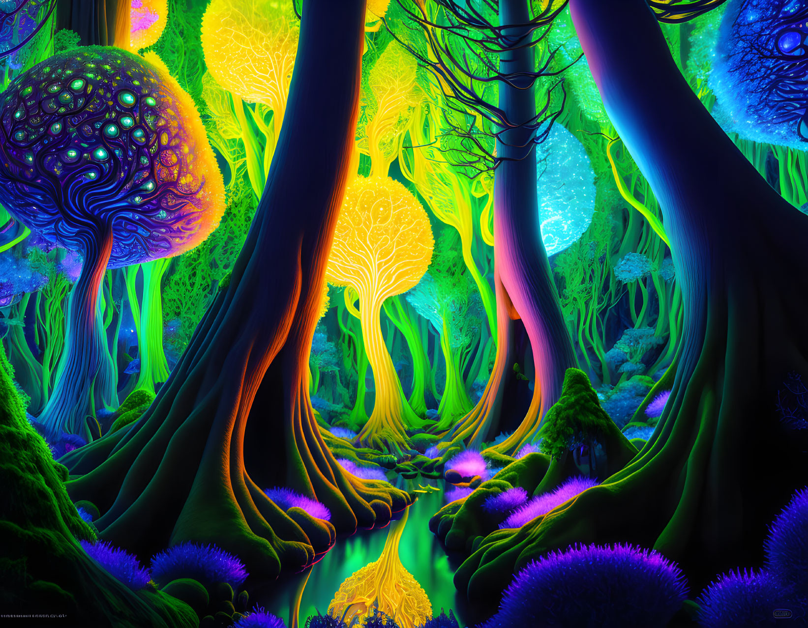 Colorful Neon Forest with Luminescent Trees & Stream