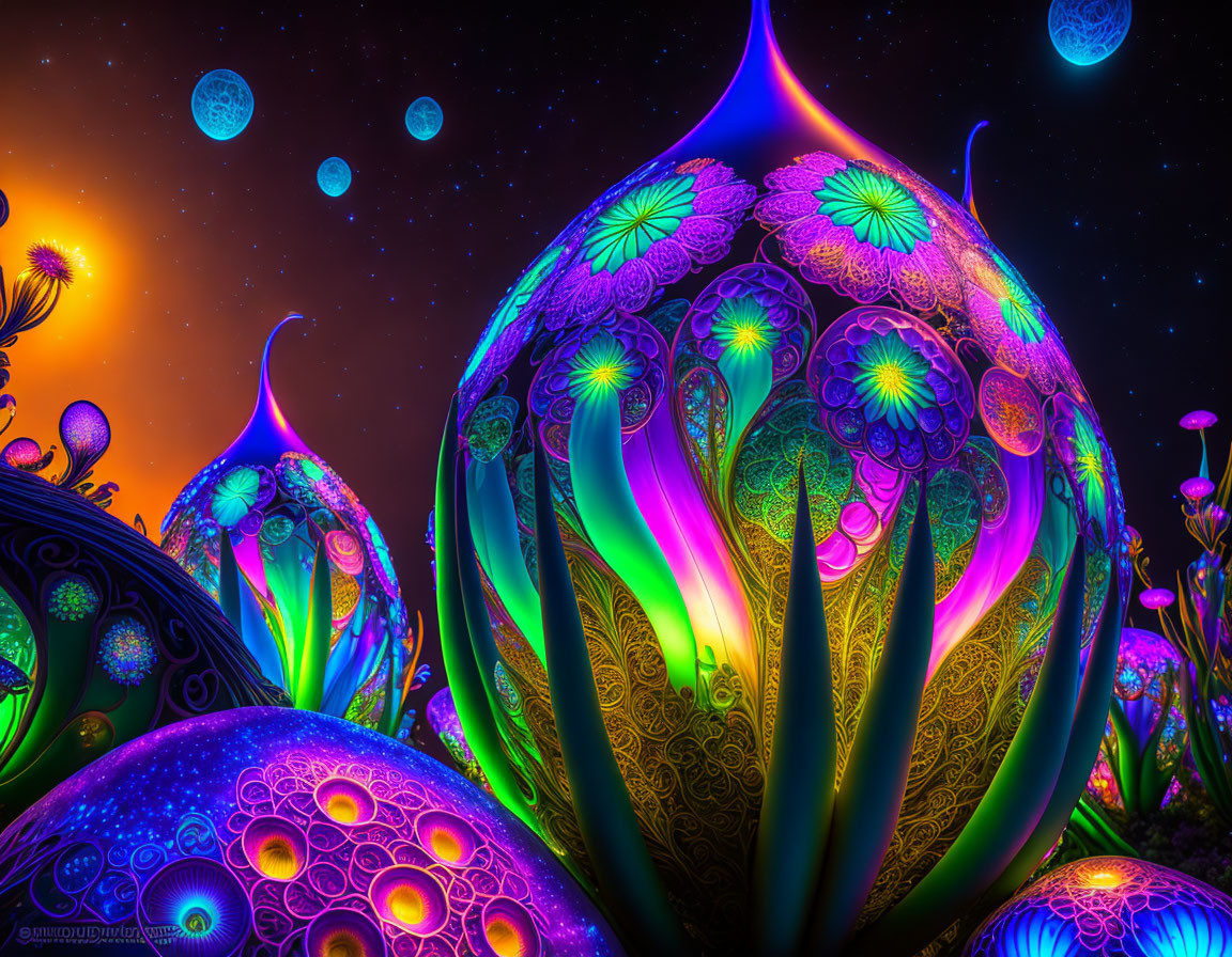 Colorful digital artwork: Glowing flower-like structures on starry night sky