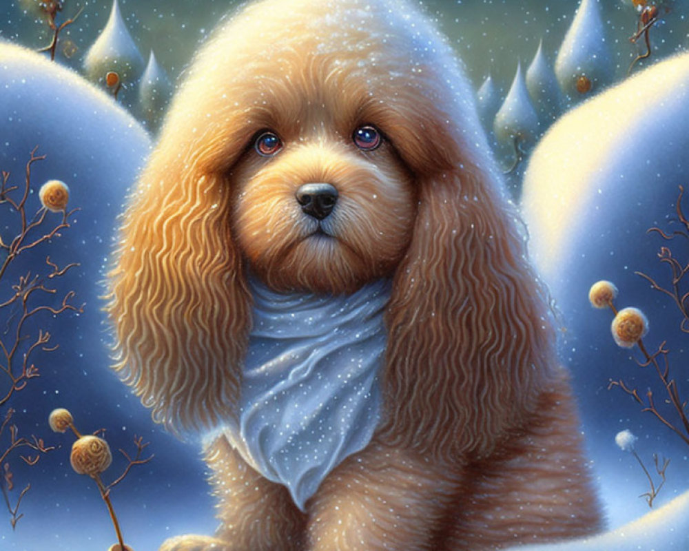 Fluffy brown dog in white scarf in snowy landscape