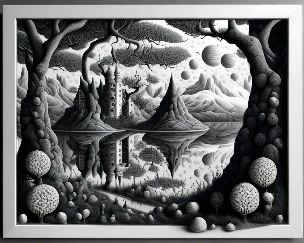 Surreal monochromatic landscape with whimsical trees and floating islands