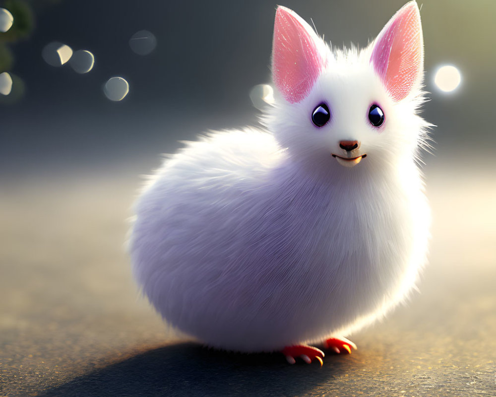 Fluffy White Creature with Pink Ears and Bright Eyes Against Softly Lit Background