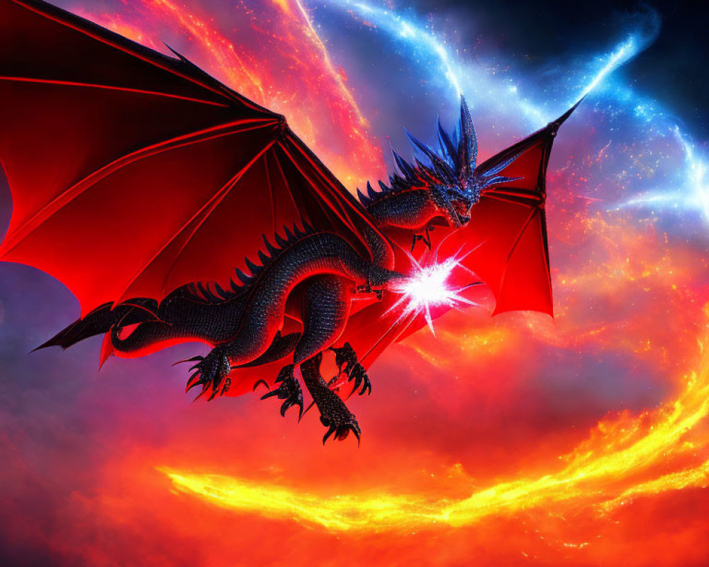 Black dragon with red wings in vibrant red and blue sky with magical lance