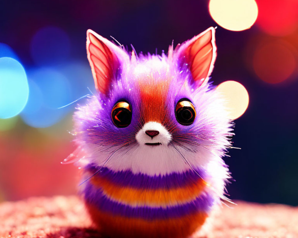 Vibrant purple creature with expressive eyes on bokeh background