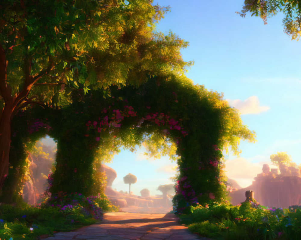 Sunlit Garden Archway with Cobblestone Path and Lush Surroundings