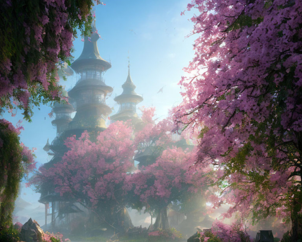 Tranquil fantasy landscape with pagoda, cherry trees, sunlight, and birds