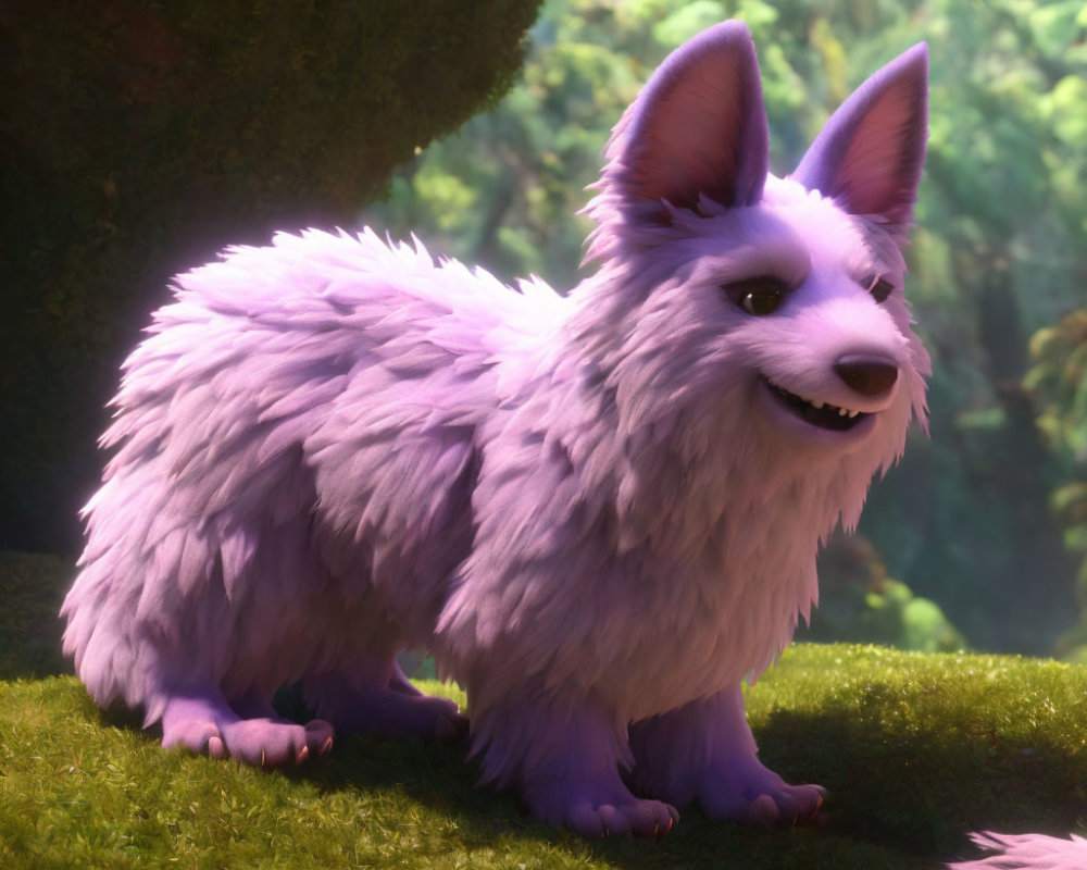 Purple animated fox-like creature in sunny forest