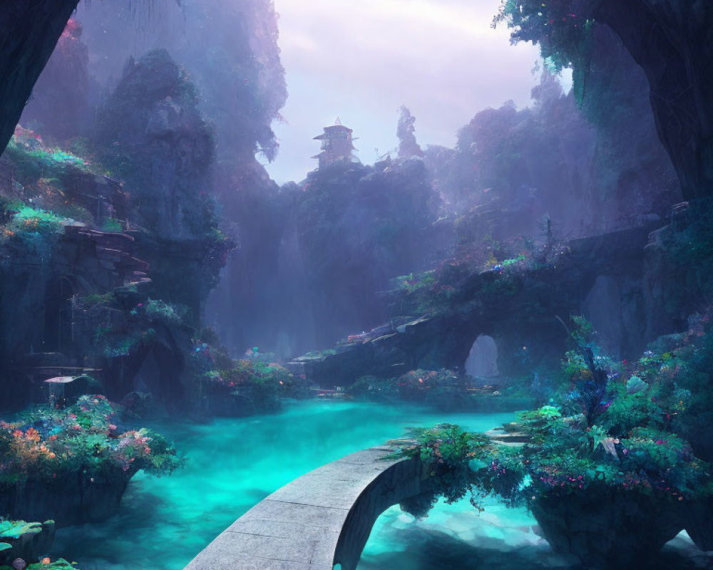 Mystical landscape with turquoise waters, stone bridge, waterfalls, and pagoda-style structures