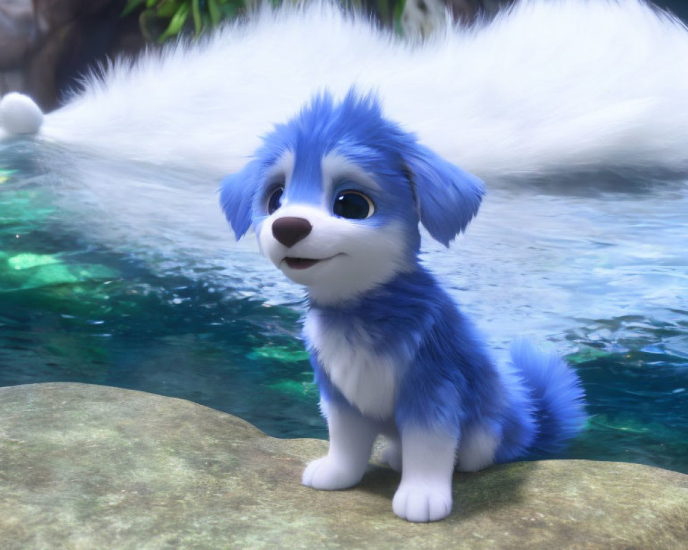 Animated blue and white puppy with big eyes sitting by water and rock