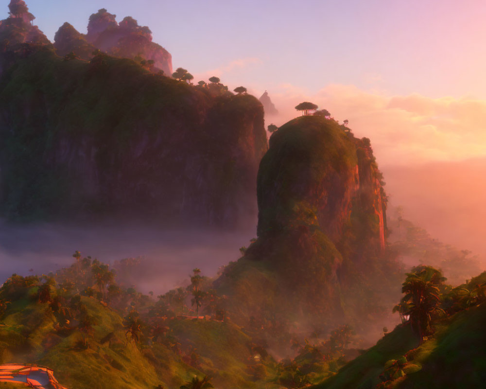 Scenic misty sunrise over lush valley with hills, cliffs, and winding path.